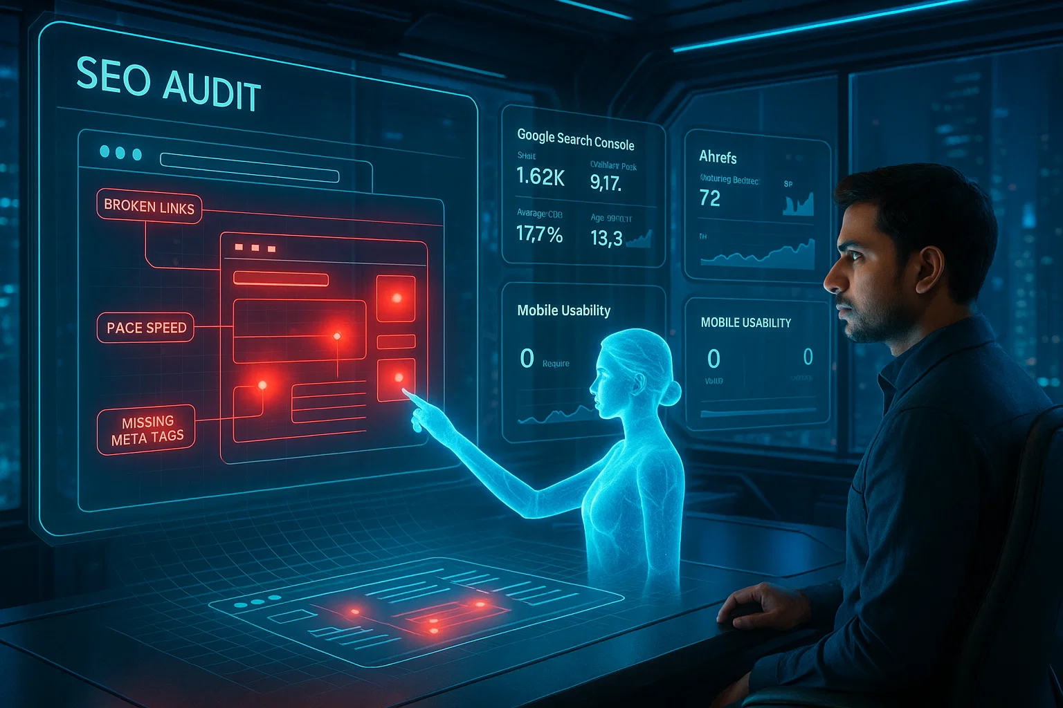 Man in an office analyzing an SEO audit report displayed on his computer screen.