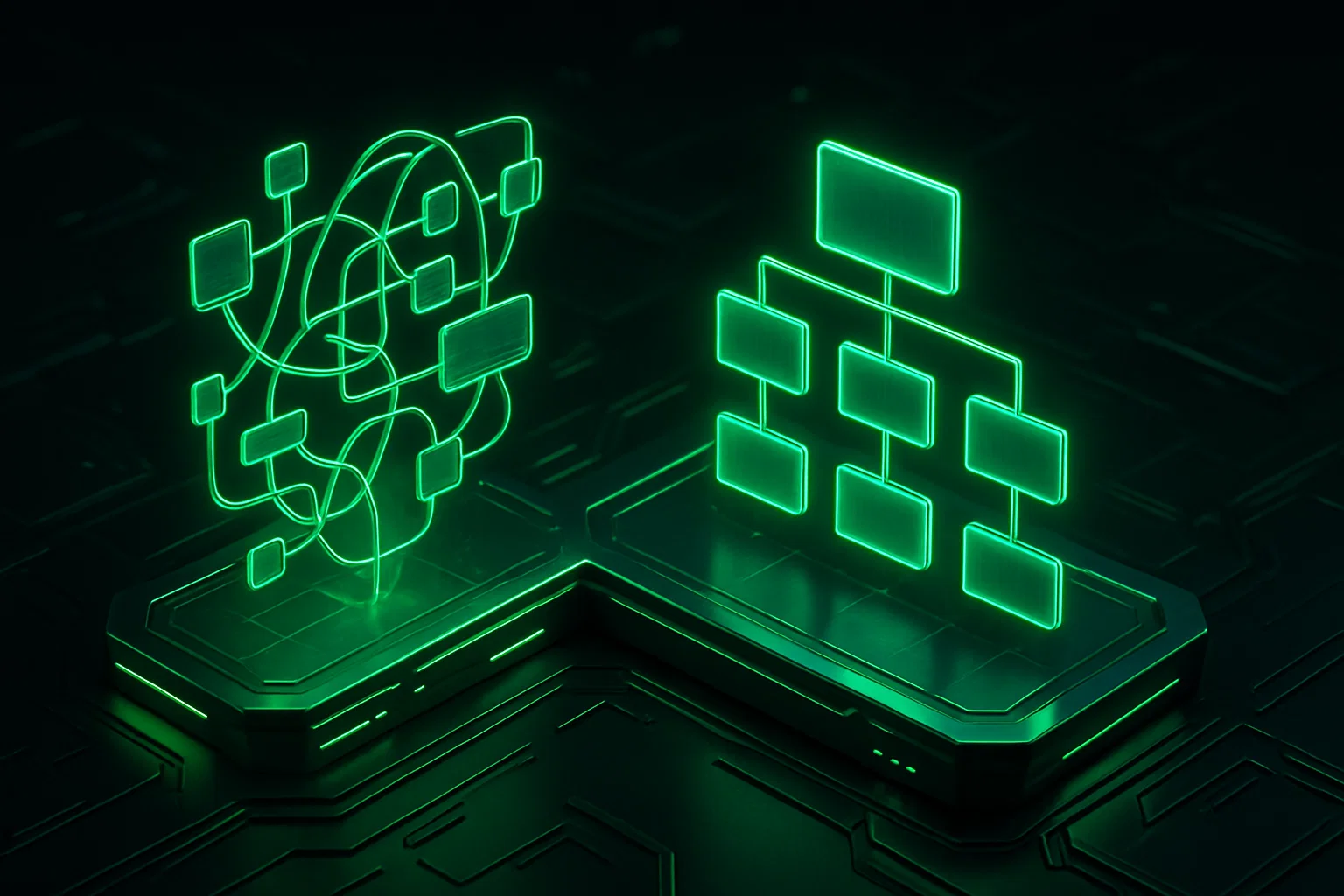 A green glowing computer displays a network diagram, illustrating connections between various devices and systems